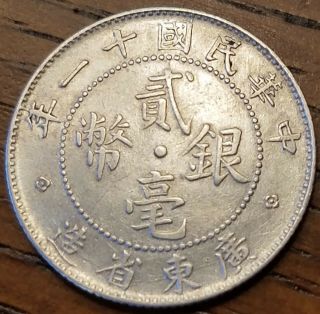 China 1922 Kwang Tung Province 20 Cents Silver Coin