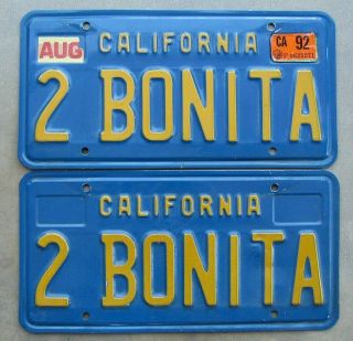 (2) Matching California Vanity License Plates (2 Bonita) Too Pretty In Spanish