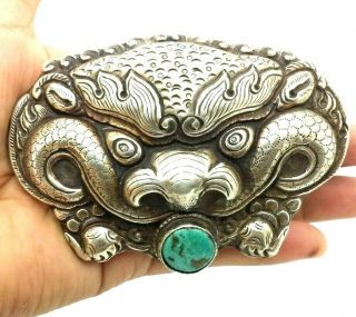 Chinese Export Dragon Turquoise Sterling Silver 925 Belt Buckle 72g Poe601