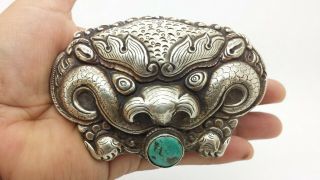 Chinese Export Dragon Turquoise Sterling Silver 925 Belt Buckle 72g POE601 2