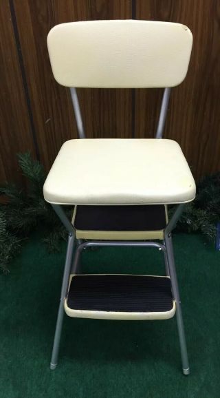 Vintage Mid - Century Cosco Yellow & Chrome Kitchen Step Stool With Flip Up Seat.