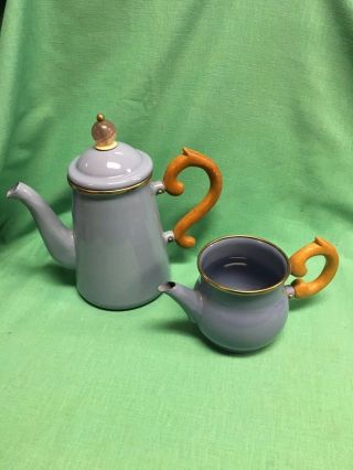 Mackenzie - Childs Teapot & Creamer Pitcher Wood Handle Victoria And Richard Blue