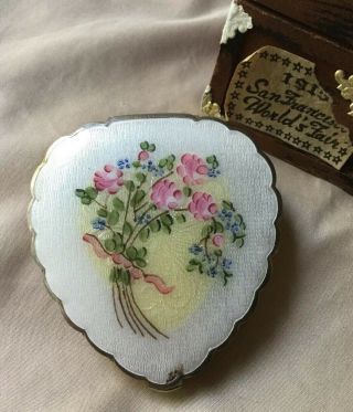 Vintage Antique Art Deco Flower Pink Blue Guilloche Enamel Purse Compact Heart