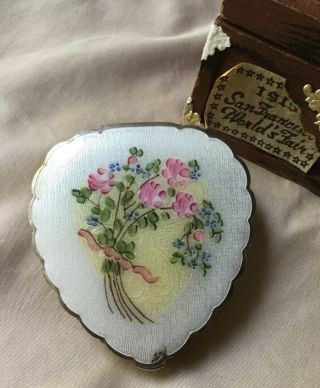 Vintage Antique Art Deco Flower Pink Blue Guilloche Enamel Purse Compact Heart 2