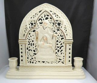 Vintage Nativity White Gold Ceramic Ornate Candle Holder Mary Joseph Baby Jesus