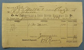 Zanesville & Ohio River Railway Co.  1888 Freight Bill Box Of Miron Malta O.