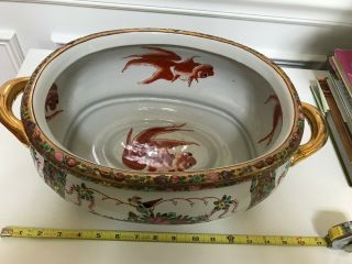 Famille Rose Style Koi Fish Oval Porcelain Foot Bath Planter with Gold Handles 7