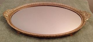 Vintage Gold Metal Lace Vanity Make Up Tray Oval Mirror Movie Star Filigree