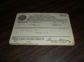 1919 York State Dmv Certificate Of Registration Oswego,  Ny