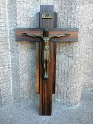 Vintage Art Deco France Wood Cross Crucifix Metal Inri Jesus Christ Corpus Wall