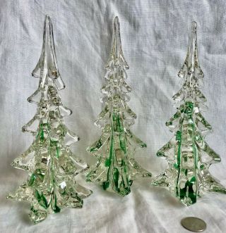 Christmas Trees Sylvestri Set Of 3 Art Glass Vintage Green Streaks 8.  5 " Tall