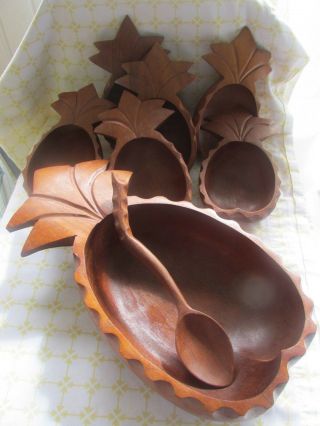 Vintage Carved Monkey Pod Wood Salad Serving Bowls Set 7 piece Pineapple Shaped 2