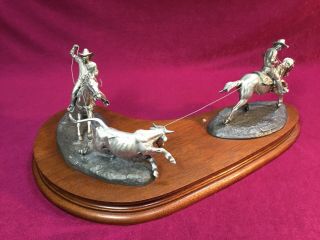 Dob Polland Pewter Statue,  “ Team Roping” Part Of Rodeo Series 1985