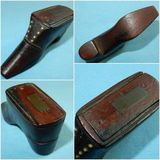 Antique Georgian 19th C - Wood - Figural Shoe / Boot - Snuff Box Case Detailed