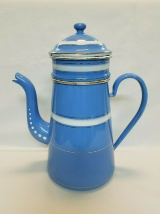 Antique Graniteware Coffee Pot Sky Blue,  White Dots & Stripes French Or Czech?