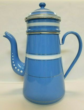 Antique GRANITEWARE COFFEE POT Sky Blue,  White Dots & Stripes French or Czech? 2