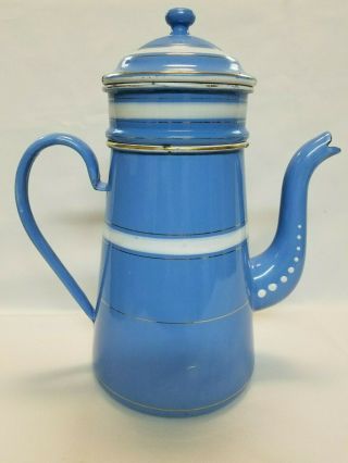 Antique GRANITEWARE COFFEE POT Sky Blue,  White Dots & Stripes French or Czech? 4