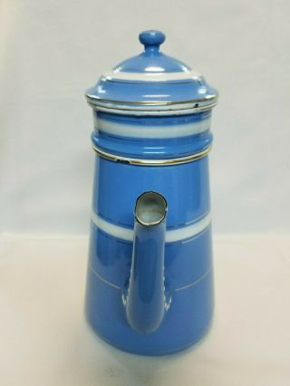 Antique GRANITEWARE COFFEE POT Sky Blue,  White Dots & Stripes French or Czech? 6