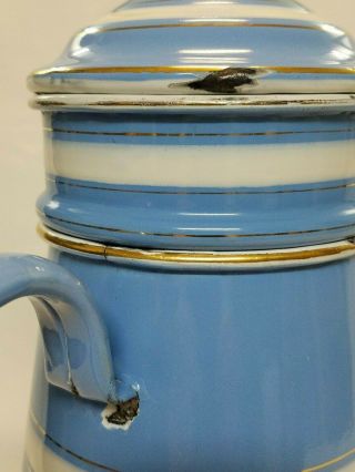 Antique GRANITEWARE COFFEE POT Sky Blue,  White Dots & Stripes French or Czech? 8