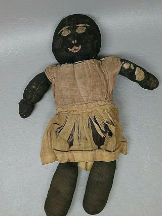 Vintage Black Folk Art Doll Sock Stockinette Tattered Doll 14 " Tall