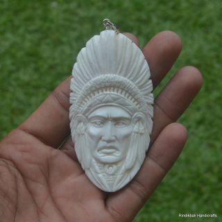 Indian Head Carved 75mm In Buffalo Bone Carving Pendant W/ Silver Dp105