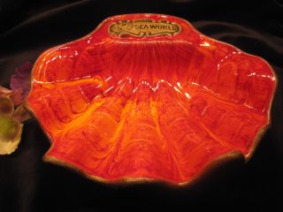 Vtg Sea World Treasure Craft Ceramic Souvenir Orange Clam Shell Ash Tray Dish