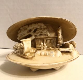 Vintage Japanese Celluloid Hand Carved Clam Shell Village Netsuke Style