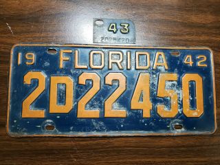 1942 1943 Florida License Plate Tag Wartime With Tab