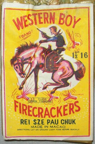 Old Vtg 1960s Western Boy Firecracker Pack Label Made In Macao 1 1/2 16