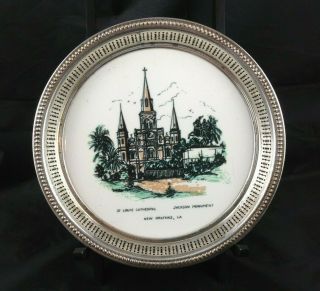 Vintage 7.  25” Souvenir Plate Sterling Silver Rim Orleans St.  Louis Cathedral