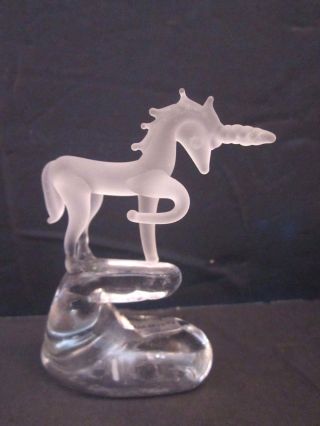 Miniature Unicorn Clear & Frosted Glass Crystal.  3 1/2 " Tall.  Langsam - Vtg