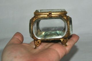 Antique French Jewelry Trinket Box Casket Beveled Glass Gilt Brass Footed