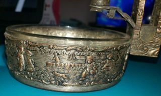 Vintage Metal & Glass ashtray with match holder Dutch Repousse windmills kids 4