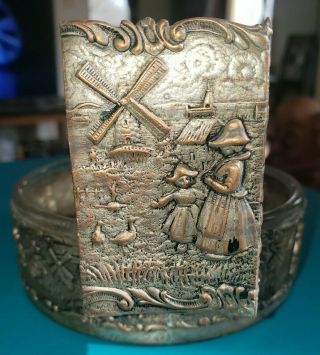 Vintage Metal & Glass ashtray with match holder Dutch Repousse windmills kids 5