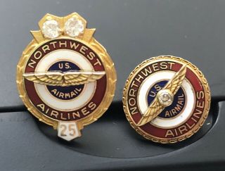 Two 10k Gold Northwest Airlines U.  S.  Airmail Pins With Diamonds