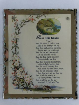 Old Scallop Chip Glass " Bless This Home " Display Plaque 9 " X 11 " Mirrored Sign
