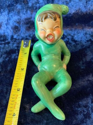 Vintage 4” Ceramic Laughing Pixie Elf Fantasy Figurine Green Made In Japan