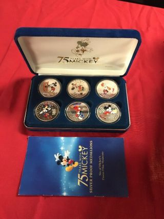 2003 Mickey Mouse Fine Silver Proof 6 Medallion Set Disney 75 Years With Mickey