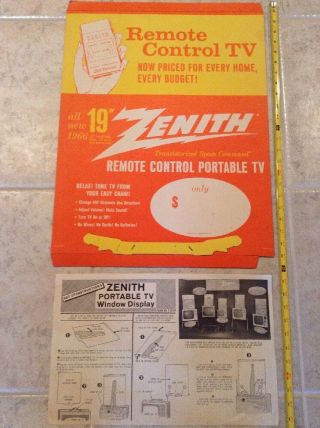 1966 Zenith Remote Control Portable Tv Ad Sign Nos Rare