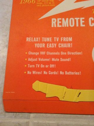 1966 Zenith Remote Control Portable TV Ad Sign NOS RARE 5