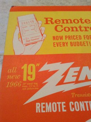 1966 Zenith Remote Control Portable TV Ad Sign NOS RARE 6