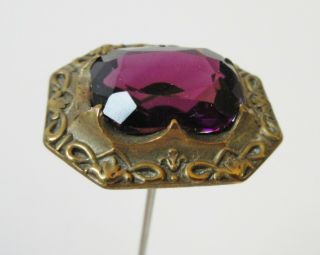 Antique Hatpin Amethyst Glass Embossed Brass