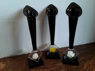 Reverse Carved Black Lucite Vases W/ White & Yellow Rose Buds Set Of 3 1950 