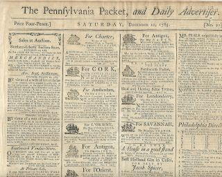 Orig.  1785 U.  S.  Newspaper " The Pennsylvania Packet " December 10,  1785