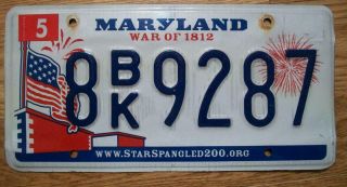 Single Maryland License Plate - 2010 - 8bk9287 - War Of 1812