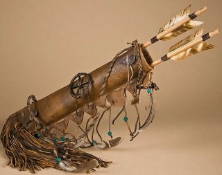 Authentic Native American Navajo Hand - Made Deer Skin Quiver And Arrows Set