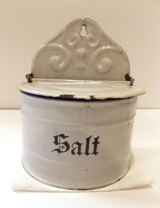 Antique German Enamelware Granite - Ware Hanging Salt Box White Blue Trim