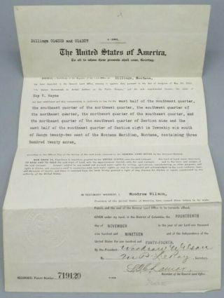 Us Land Grant Document Woodrow Wilson Montana General Land Office Leroy Paper