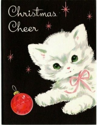 Cute White Kitty Cat,  Pink Ears,  Pink Bow Vintage Greeting Christmas Card