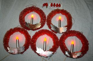 Five 1950’s Vintage Red Cellophane Lighted Christmas Wreath Electric Light Bulb